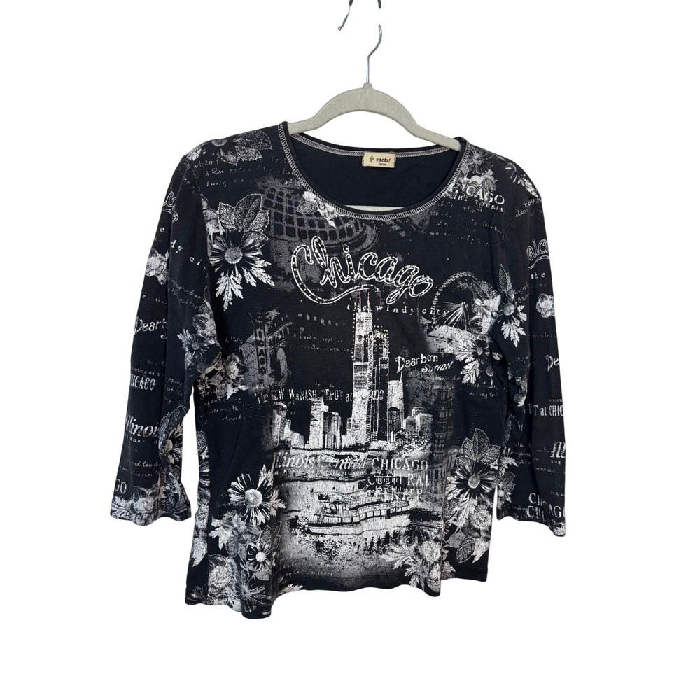 Y2K Cactus Chicago Windy City Skyline Rhinestone Graphic Top Black White Large